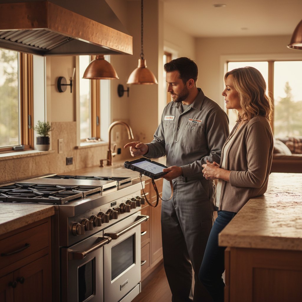 Technician explaining Viking repair to Denver homeowner